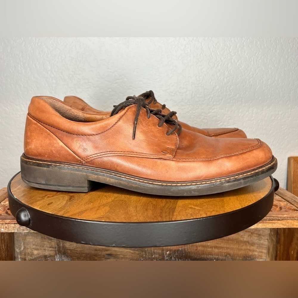 203. ECCO Mens Holton Leather Oxfords Apron Toe Cognac Brown Tan 10